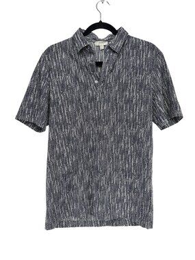 COS Blue White Abstract Print Cotton Stretch 1/4 Button Up Short Sleeve Shirt S